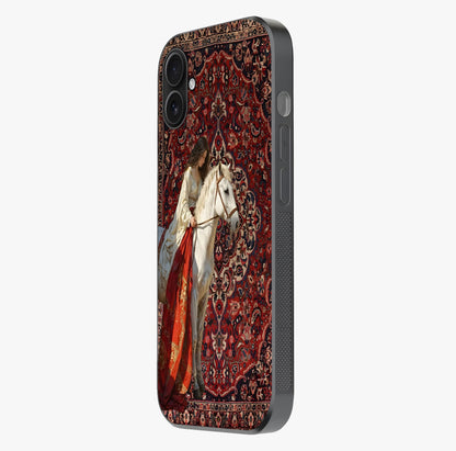 Royal Rider Tapestry Glass Case photographed in natural light showing reflective finish and design depth.