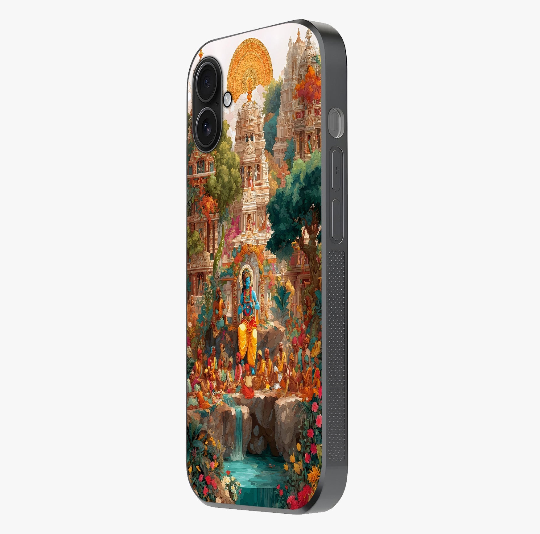 Sacred Sunlight Gods Glass Case photographed in natural light showing reflective finish and design depth.
