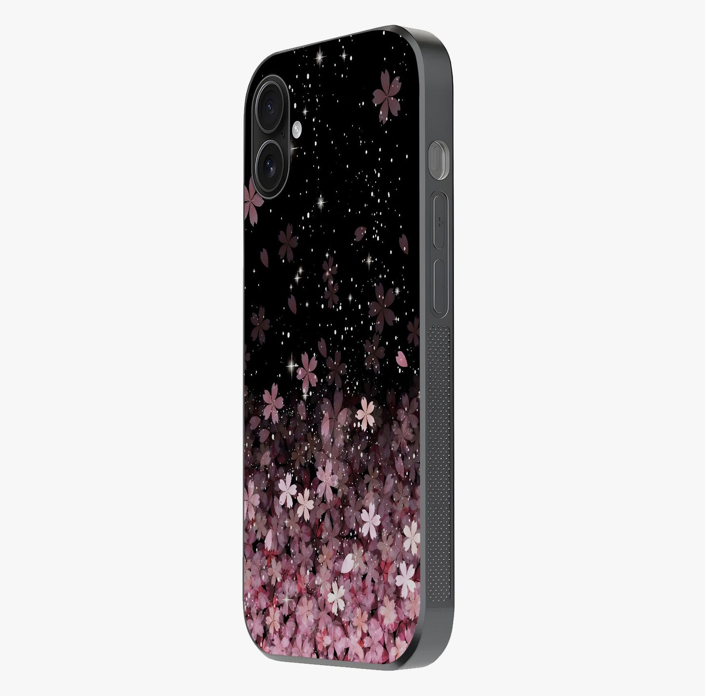 Small Starry Flowers Glass Case photographed in natural light showing reflective finish and design depth.