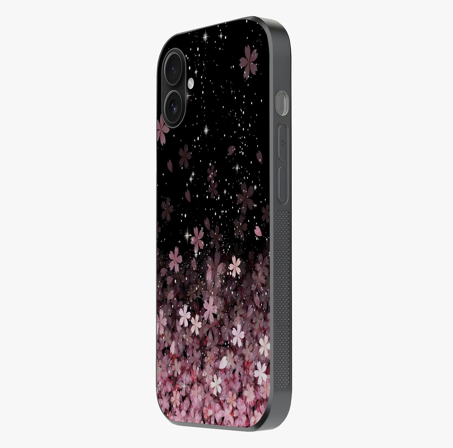 Small Starry Flowers Glass Case photographed in natural light showing reflective finish and design depth.