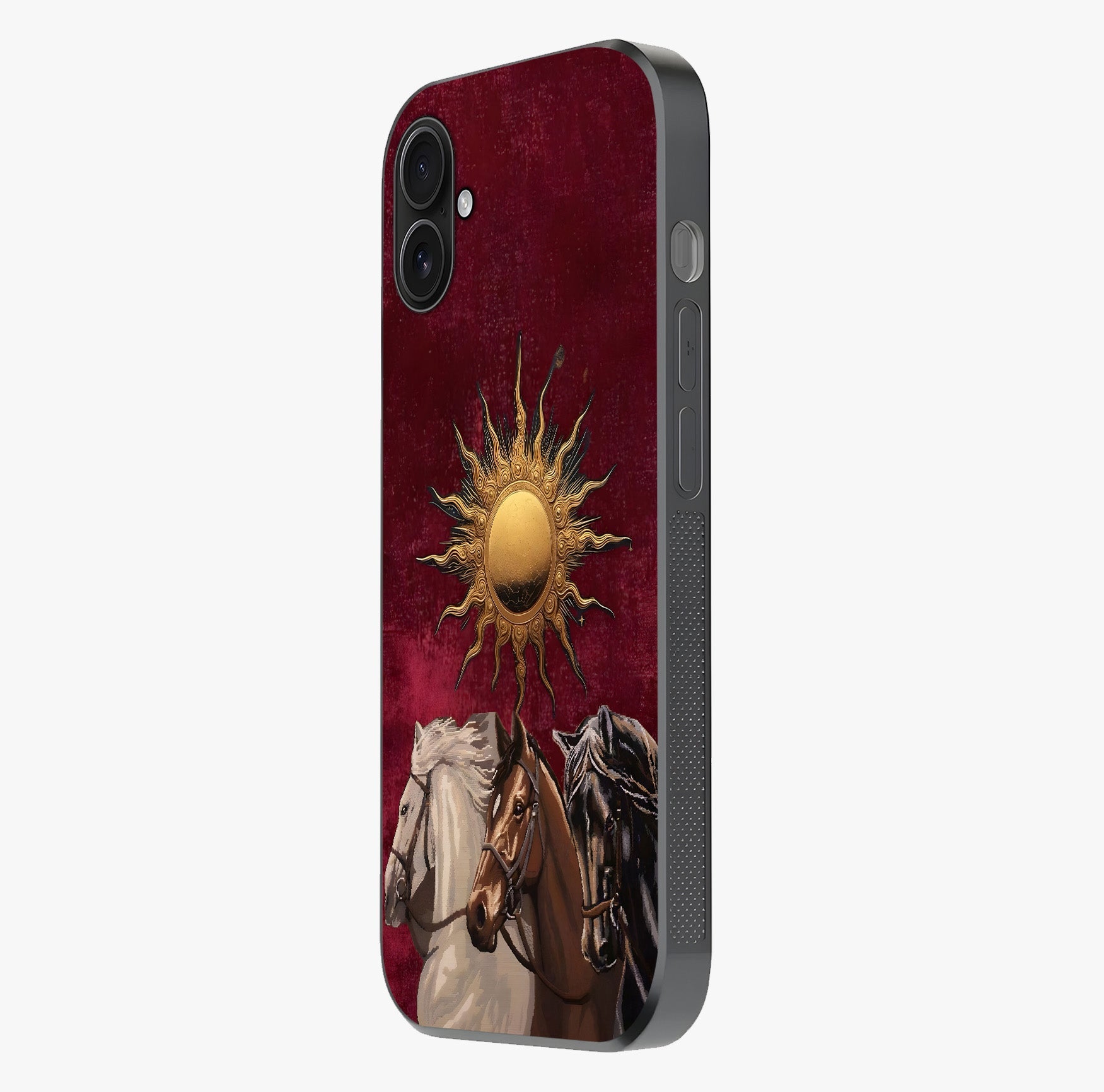 Solar Riders Glass Case photographed in natural light showing reflective finish and design depth.