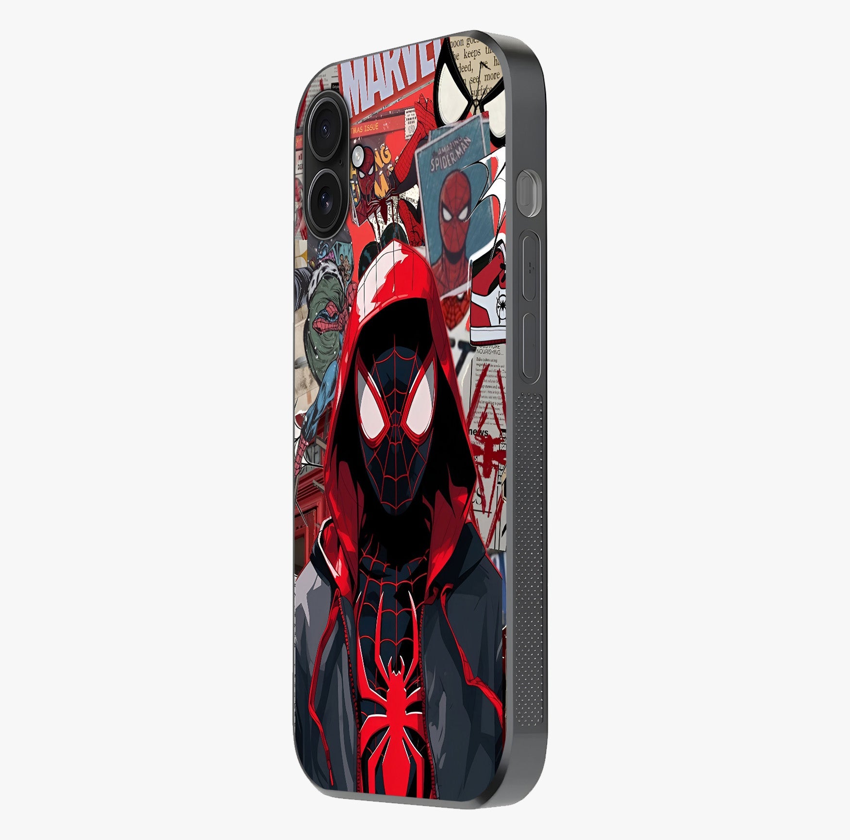 Spider Collage Street Glass Case photographed in natural light showing reflective finish and design depth.
