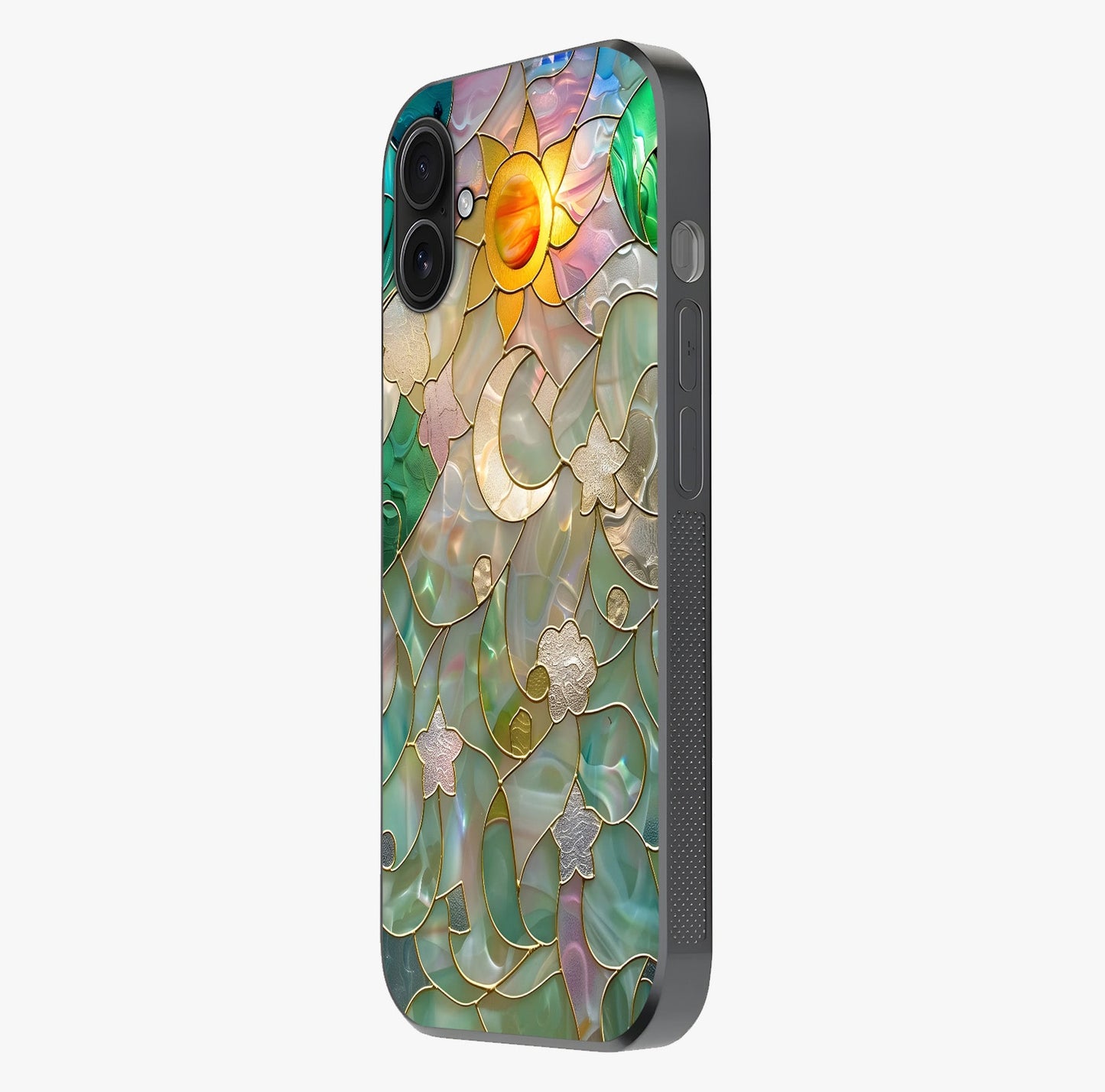 Stained Sunrise Glow Glass Case photographed in natural light showing reflective finish and design depth.