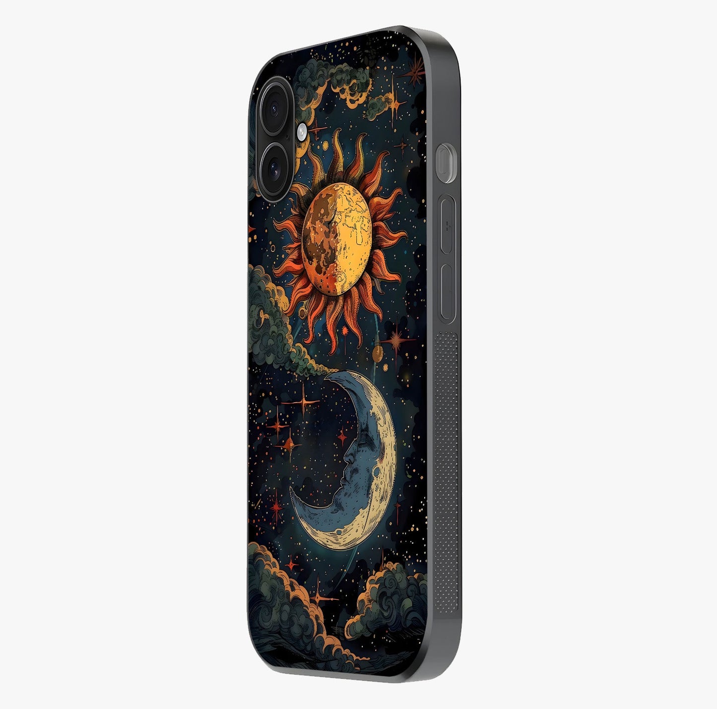 Sun And Moon Magic Design Glass Case photographed in natural light showing reflective finish and design depth.