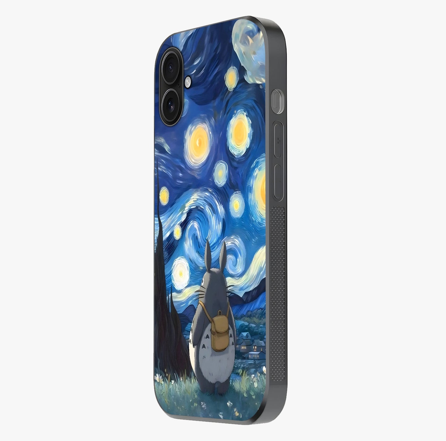 Totoro In Van Gogh Art Glass Case photographed in natural light showing reflective finish and design depth.