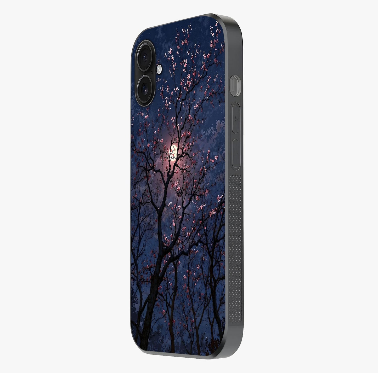 Twilight Sakura Serenade Glass Case photographed in natural light showing reflective finish and design depth.
