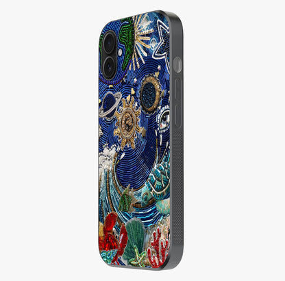 Universe Underwater Spark Glass Case photographed in natural light showing reflective finish and design depth.