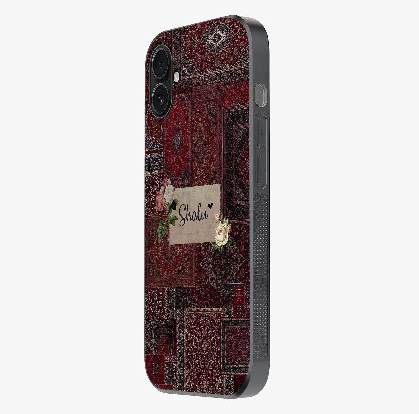 Velvet Wine Pattern Custom Name Glass Case photographed in natural light showing reflective finish and design depth.