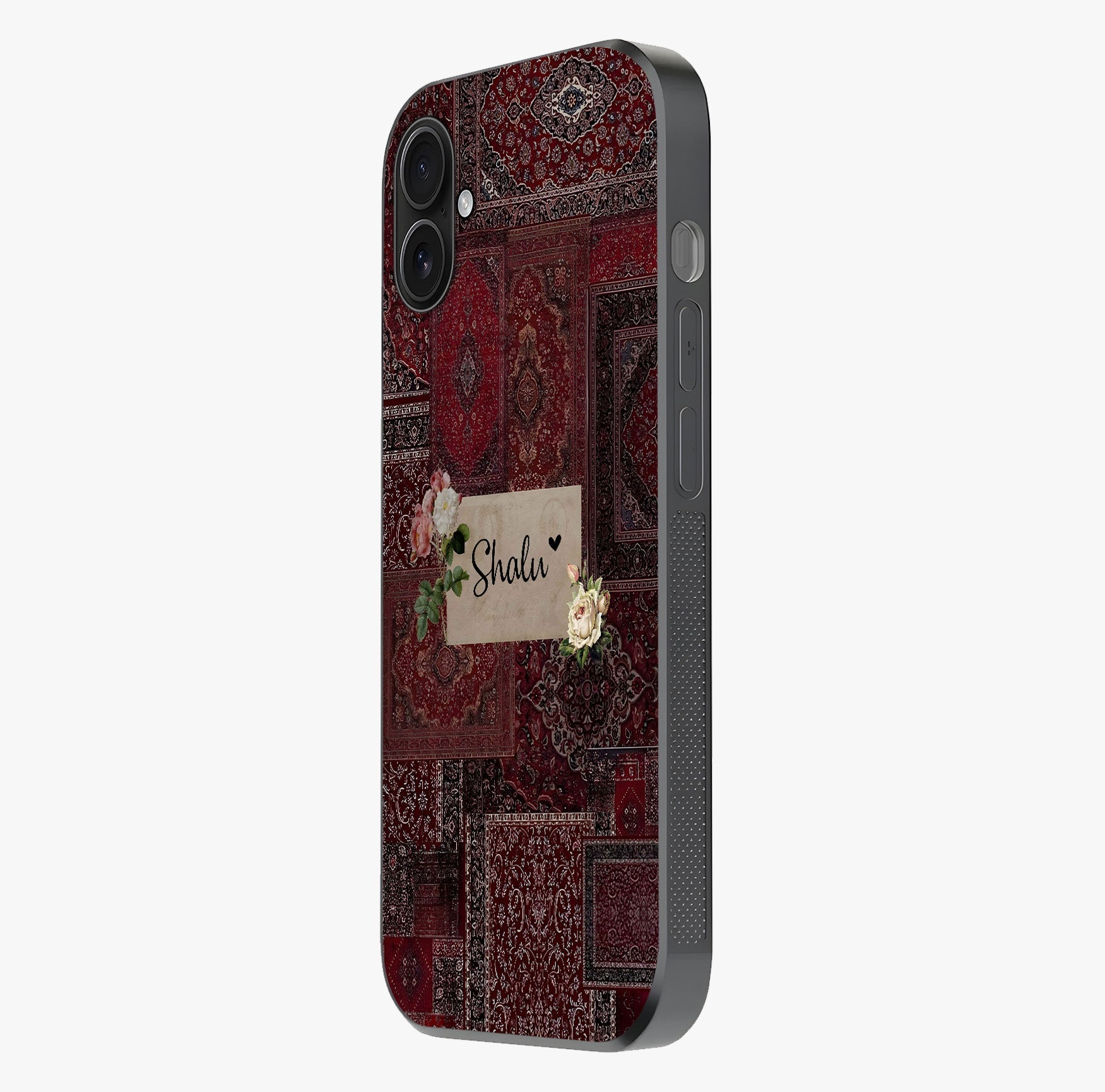Velvet Wine Pattern Custom Name Glass Case photographed in natural light showing reflective finish and design depth.
