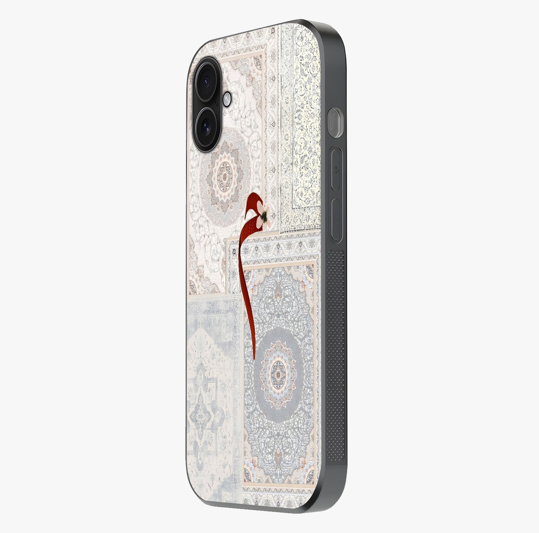 White Aesthetic Bow Glass Case photographed in natural light showing reflective finish and design depth.