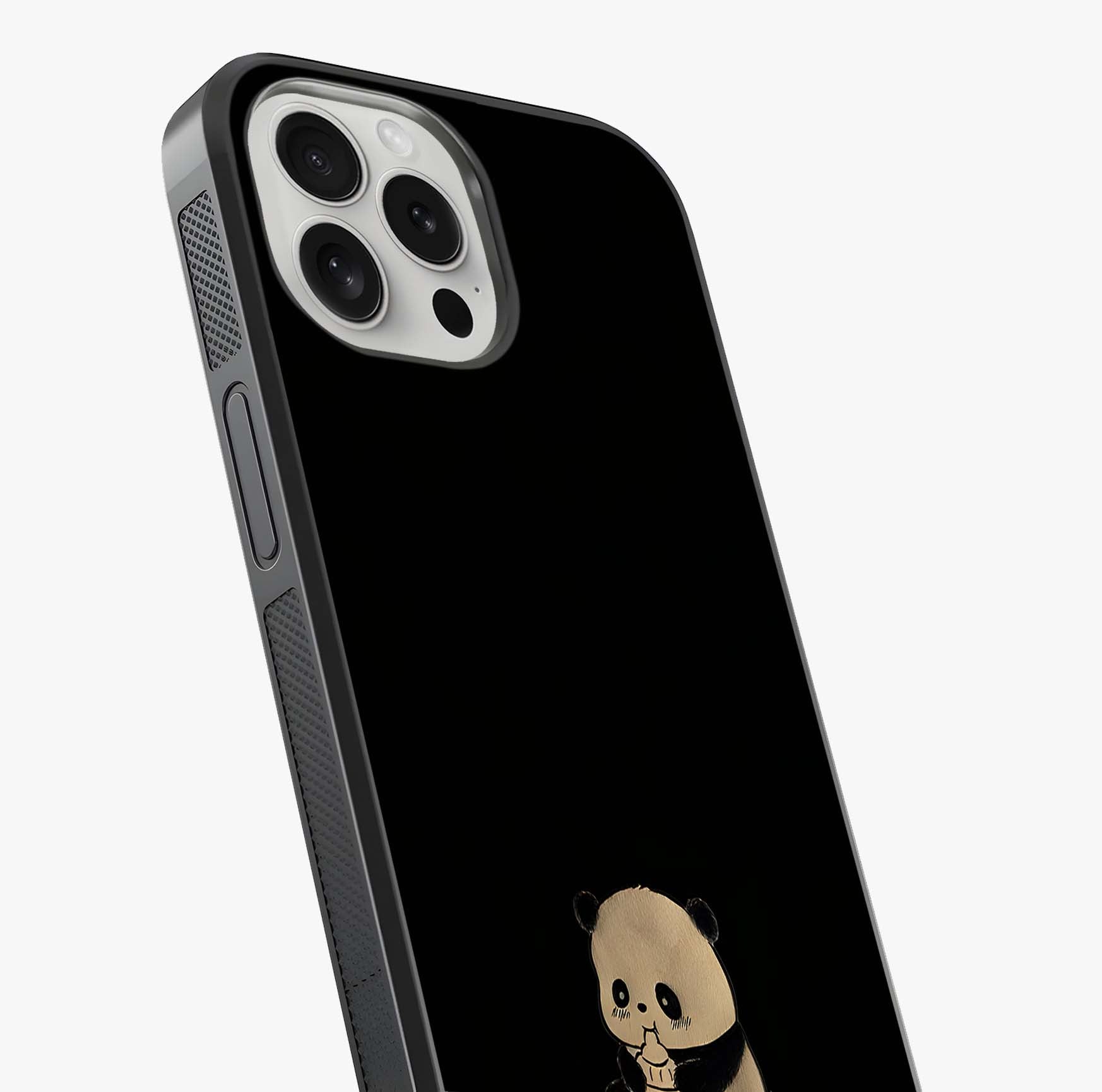 Midnight Panda Love Glass Case captured at a warm angle highlighting gloss, texture and premium glass finish.