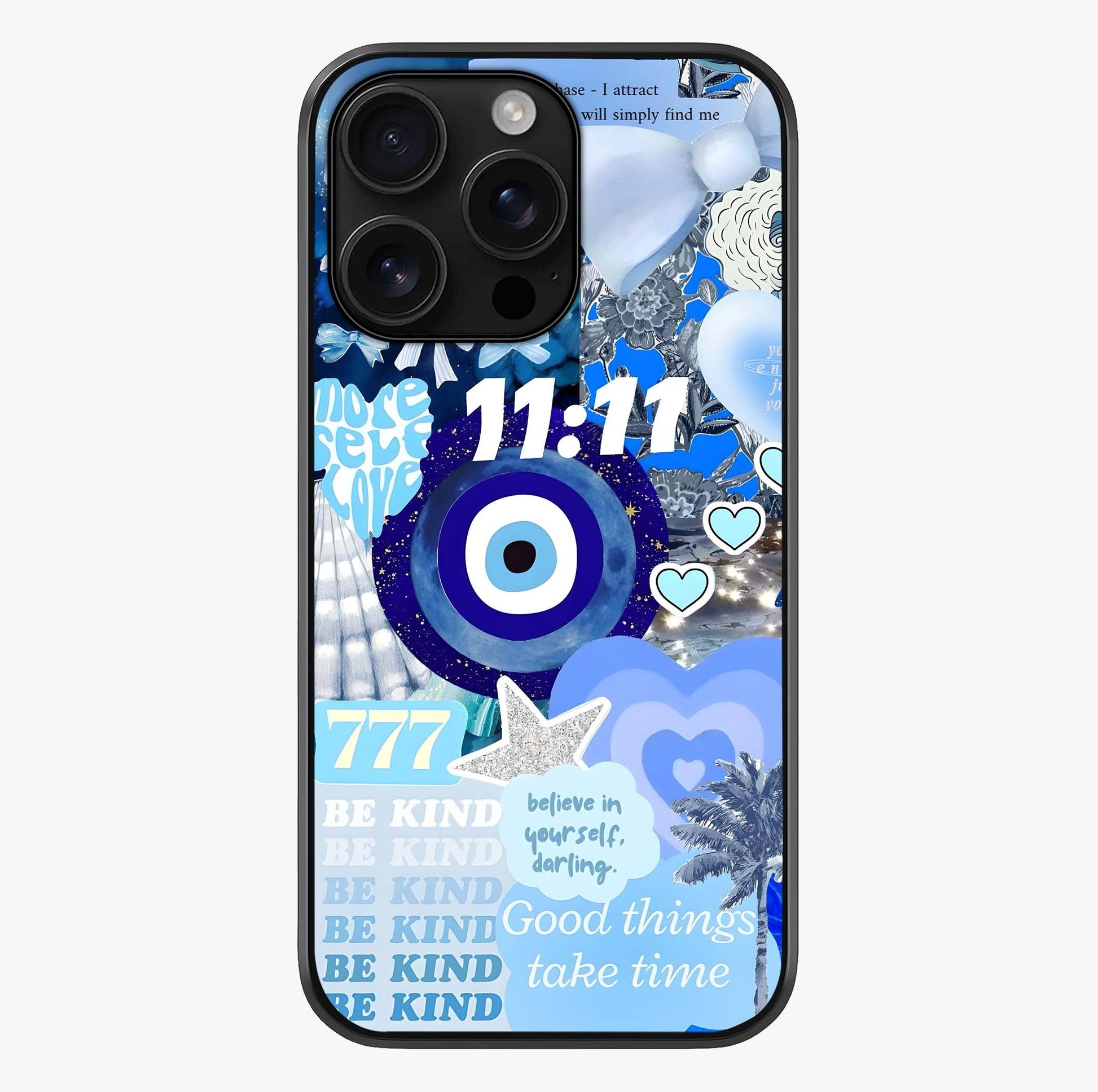 Aesthetic Be Kind Eye Glass Case showing full back design in clean flat view with glossy glass finish.