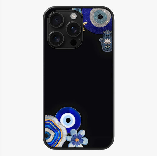 Aesthetic Blue Evil Eye Glass Case showing full back design in clean flat view with glossy glass finish.