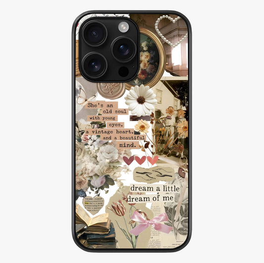 Aesthetic Brown Vintage Collage Glass Case showing full back design in clean flat view with glossy glass finish.