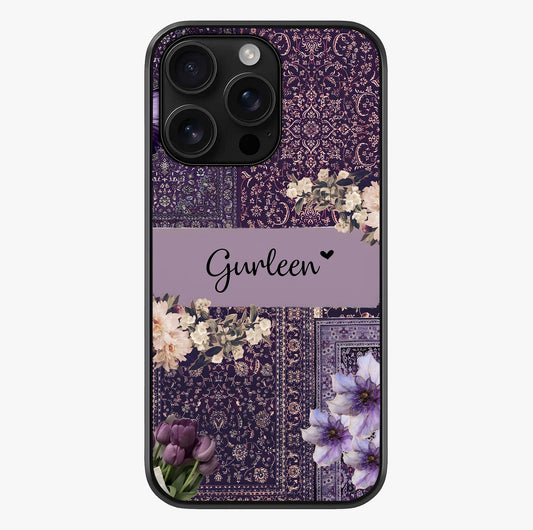 Antique Floral Whisper Custom Name Glass Case showing full back design in clean flat view with glossy glass finish.