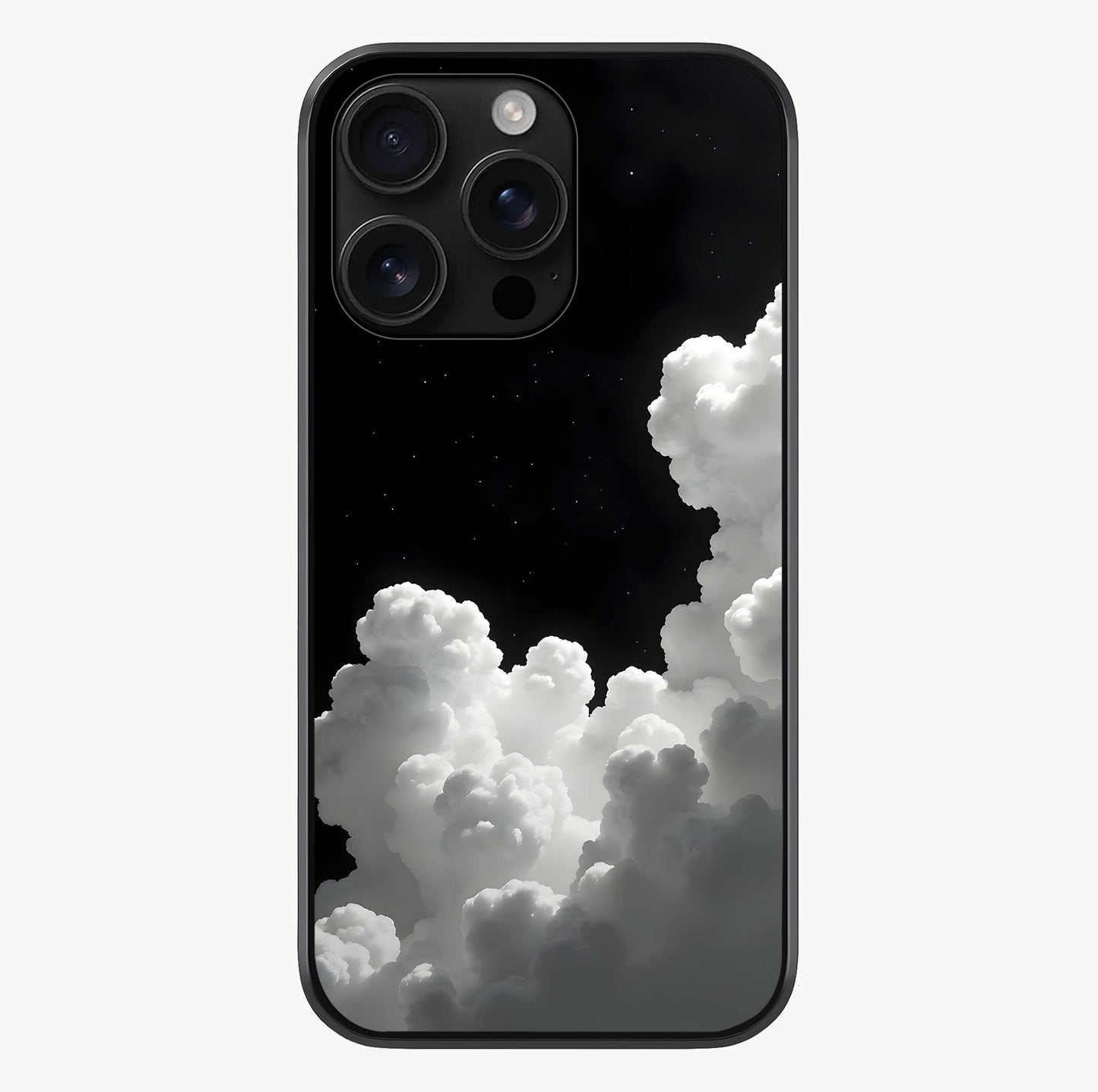 Black Background With White Cloud Glass Case showing full back design in clean flat view with glossy glass finish.