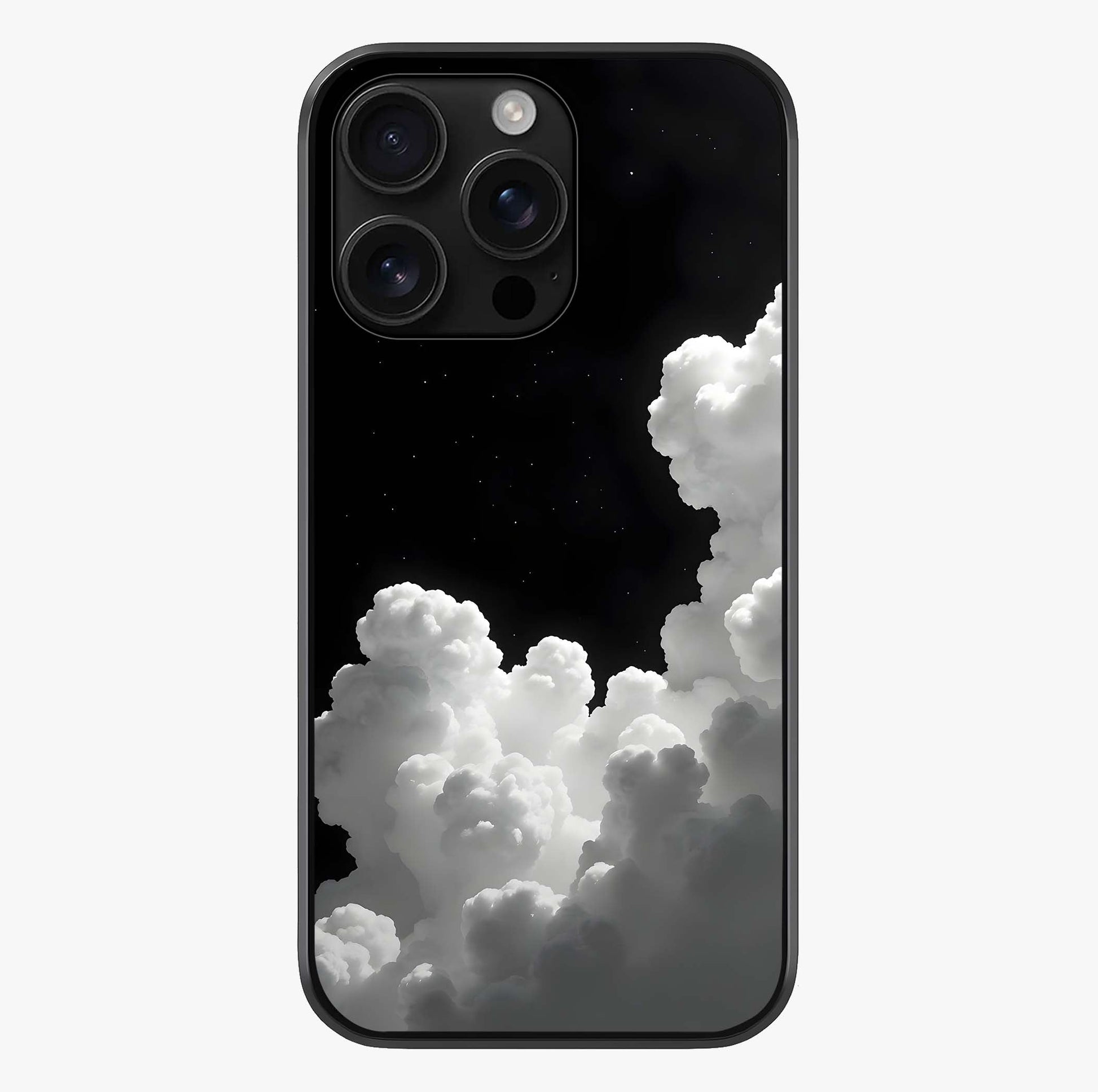 Black Background With White Cloud Glass Case showing full back design in clean flat view with glossy glass finish.
