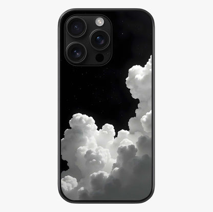 Black Background With White Cloud Glass Case showing full back design in clean flat view with glossy glass finish.