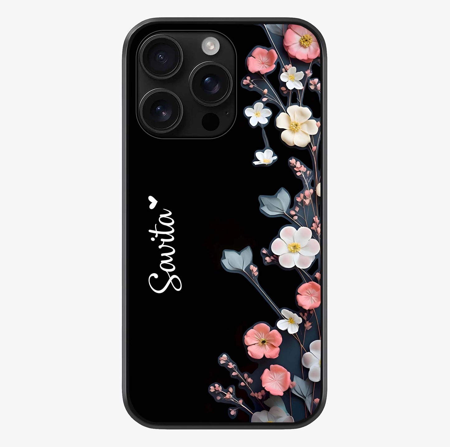 Black Elegance Floral Custom Name Glass Case showing full back design in clean flat view with glossy glass finish.