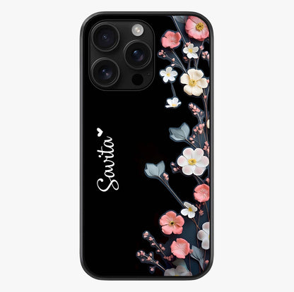 Black Elegance Floral Custom Name Glass Case showing full back design in clean flat view with glossy glass finish.