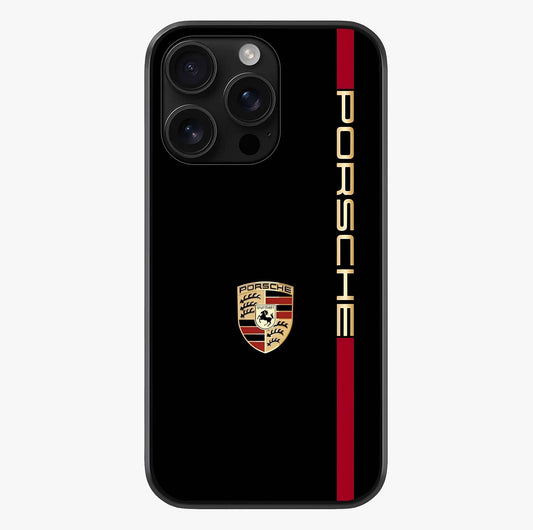 Black Minimal Porsche Glass Case showing full back design in clean flat view with glossy glass finish.