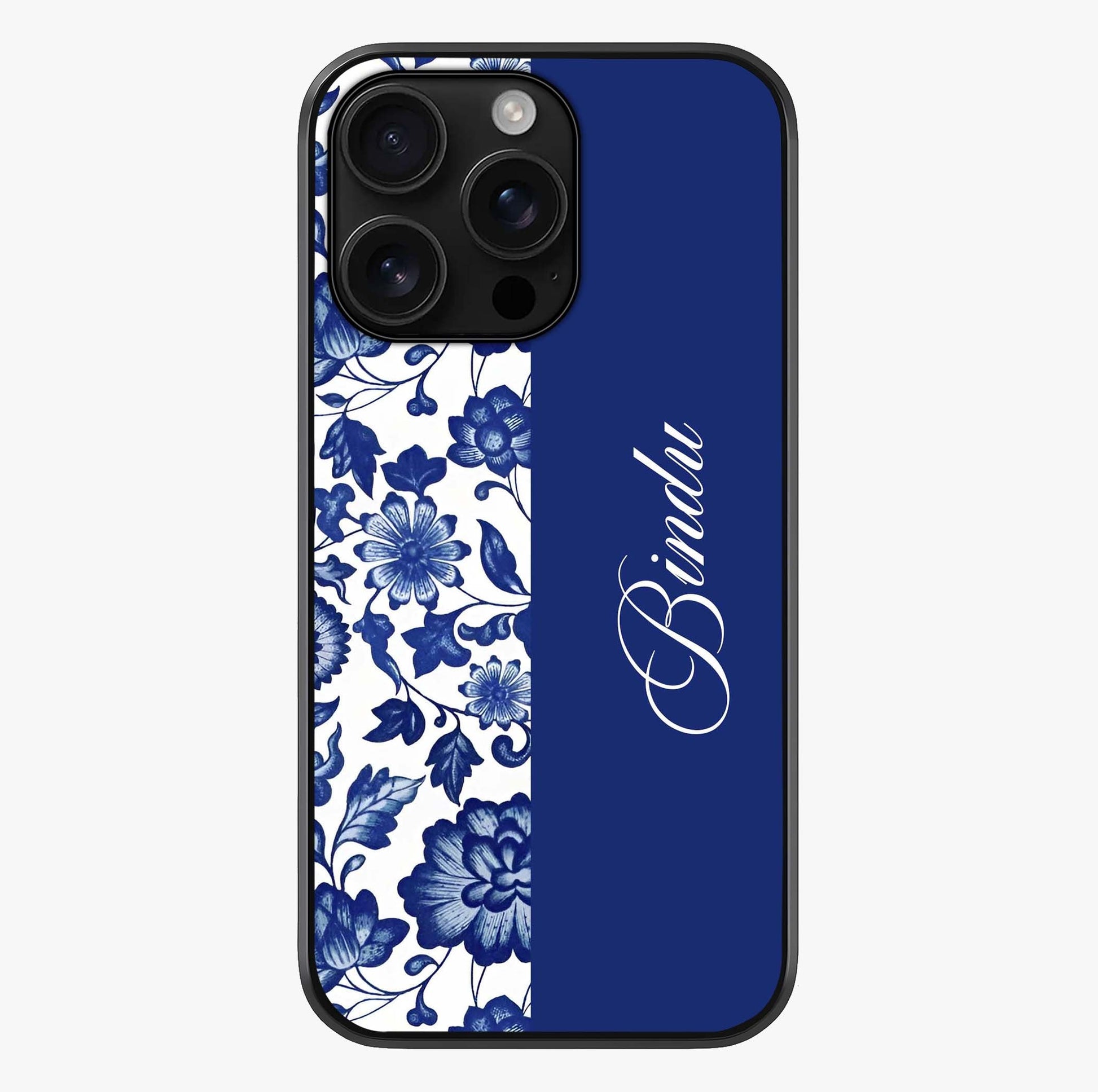 Blue Vintage Floral Pattern Glass Case showing full back design in clean flat view with glossy glass finish.