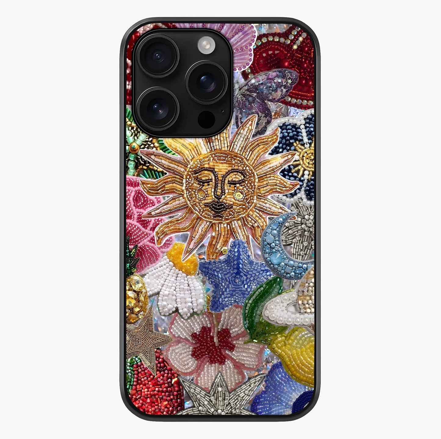 Celestial Floral And Playful Glass Case showing full back design in clean flat view with glossy glass finish.