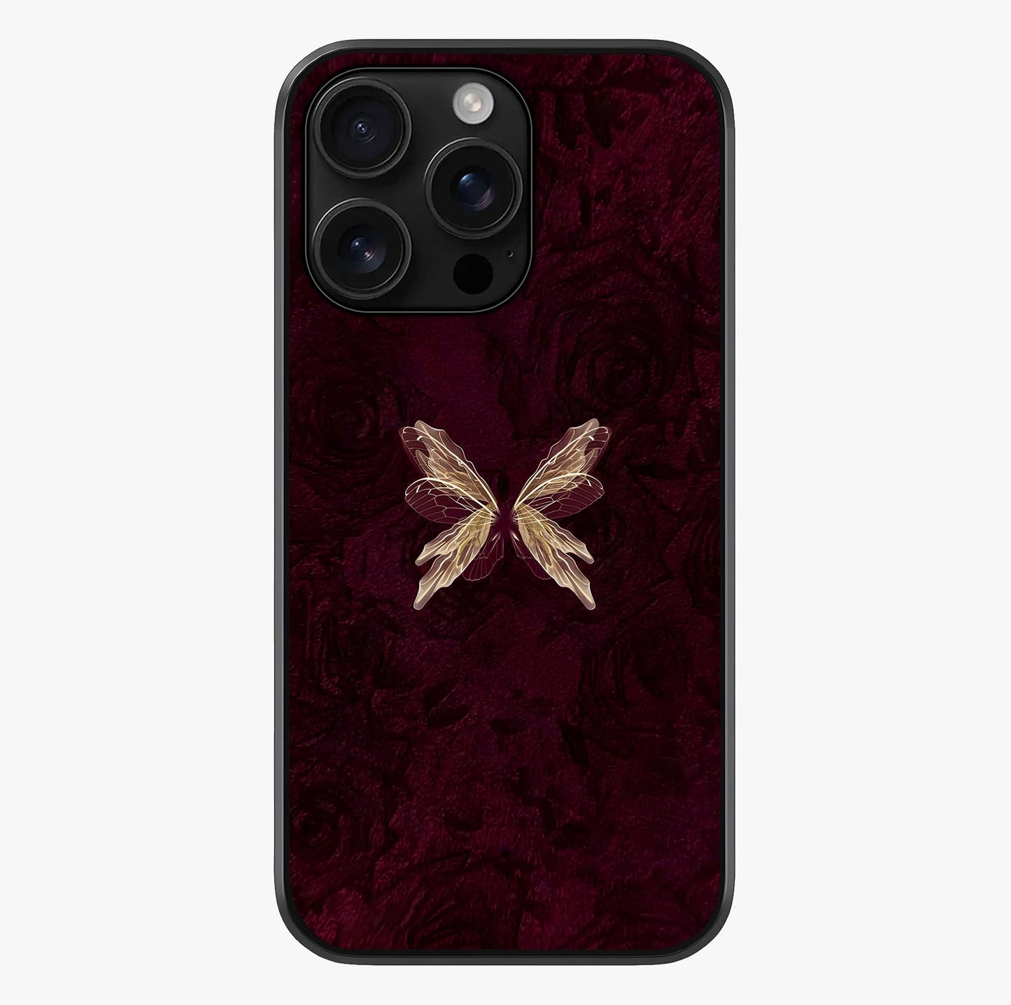 Crimson Fade Butterfly Glass Case showing full back design in clean flat view with glossy glass finish.