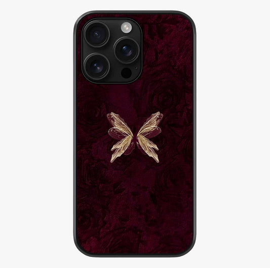 Crimson Fade Butterfly Glass Case showing full back design in clean flat view with glossy glass finish.