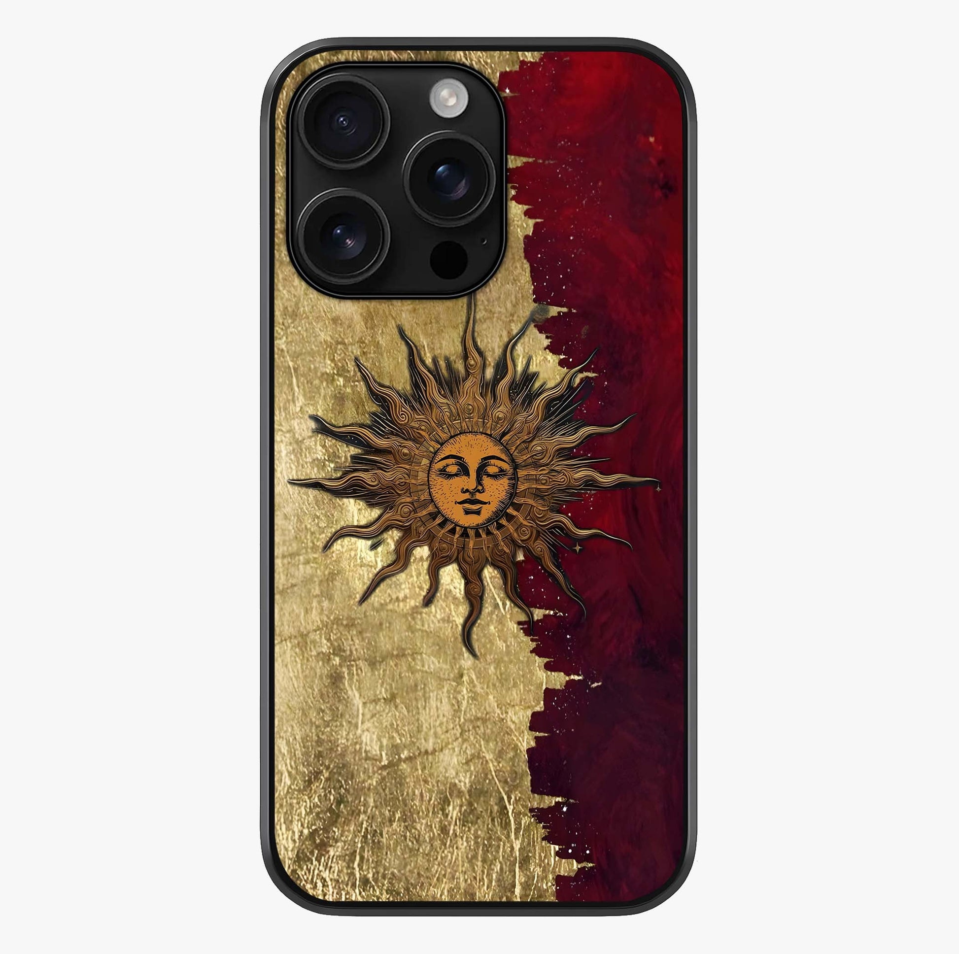 Crimson Sun Majesty Glass Case showing full back design in clean flat view with glossy glass finish.