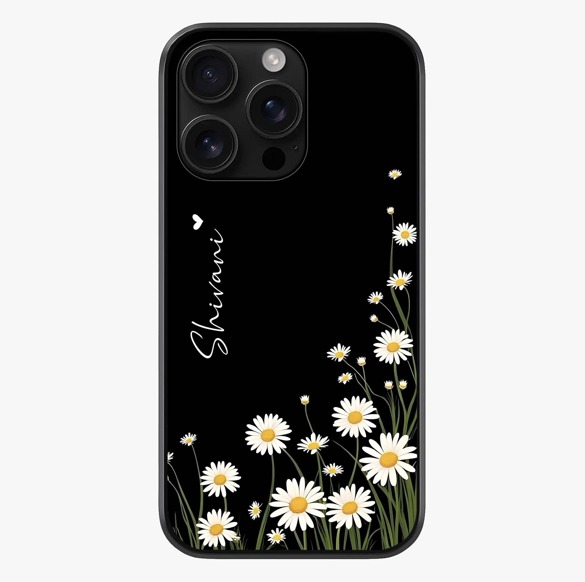 Daisy Cascade Custom Name Glass Case showing full back design in clean flat view with glossy glass finish.