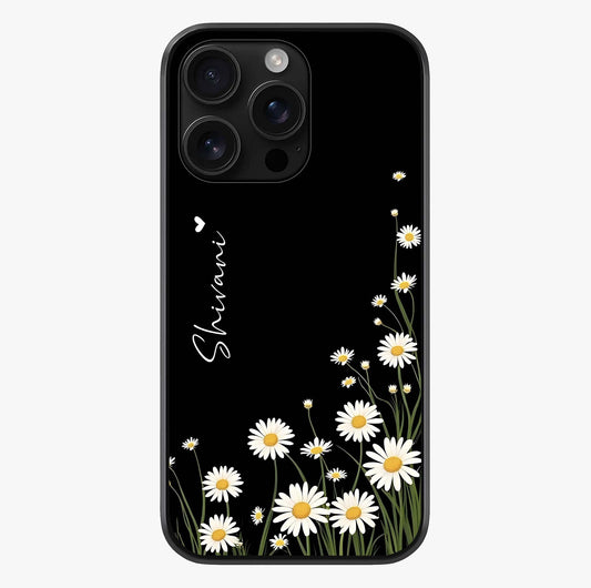 Daisy Cascade Custom Name Glass Case showing full back design in clean flat view with glossy glass finish.