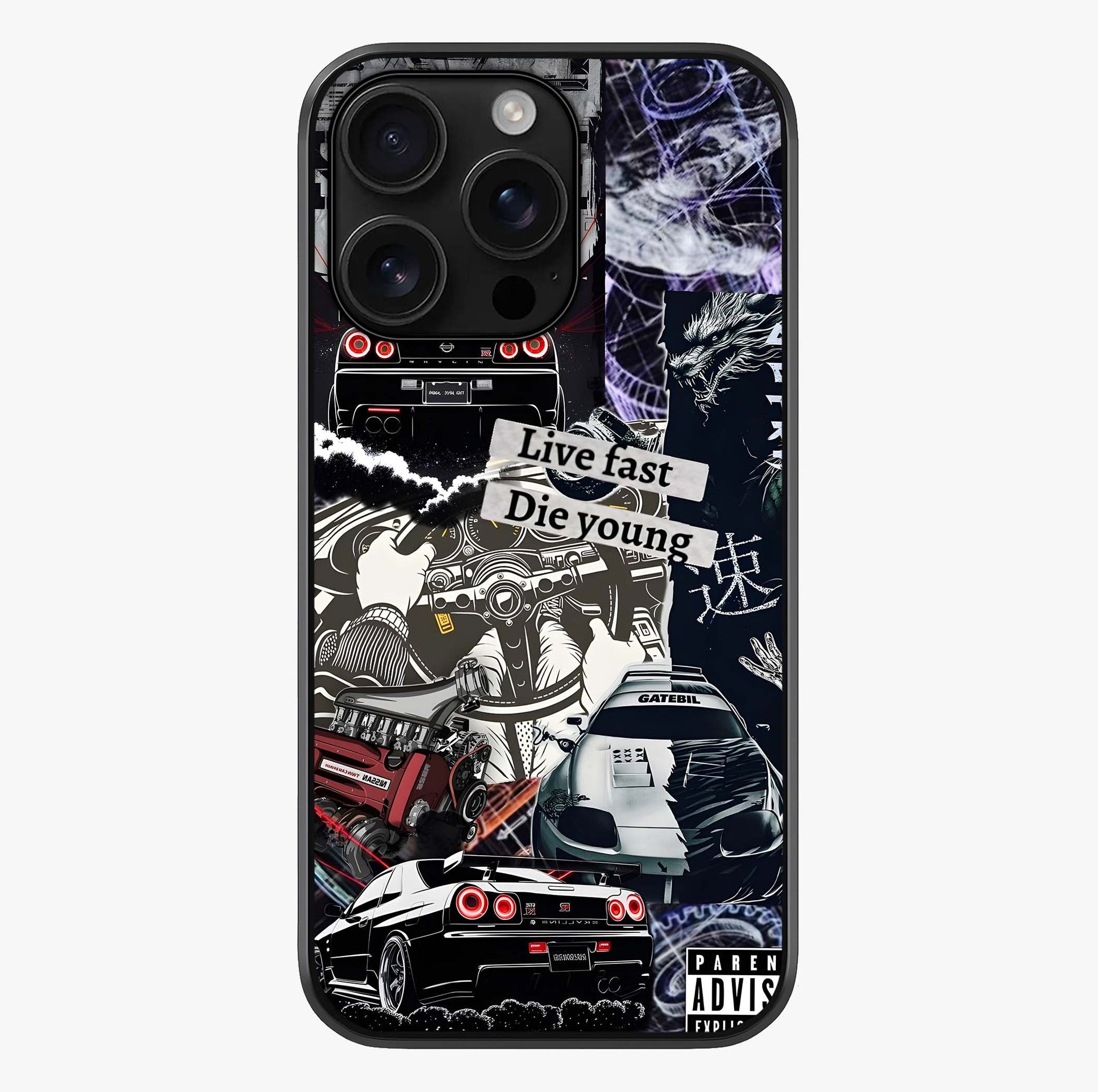 Die Young Glass Case showing full back design in clean flat view with glossy glass finish.