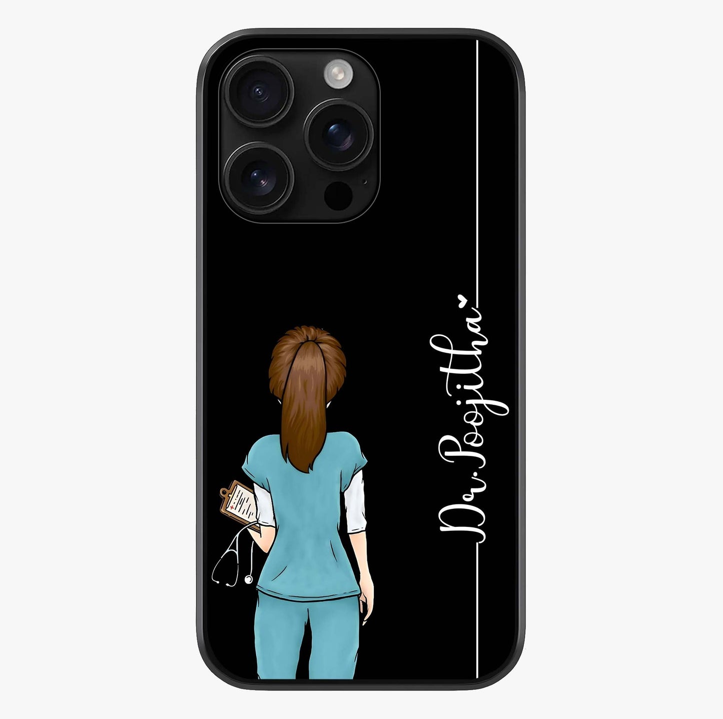 Doctor Pattern Custom Name Glass Case showing full back design in clean flat view with glossy glass finish.