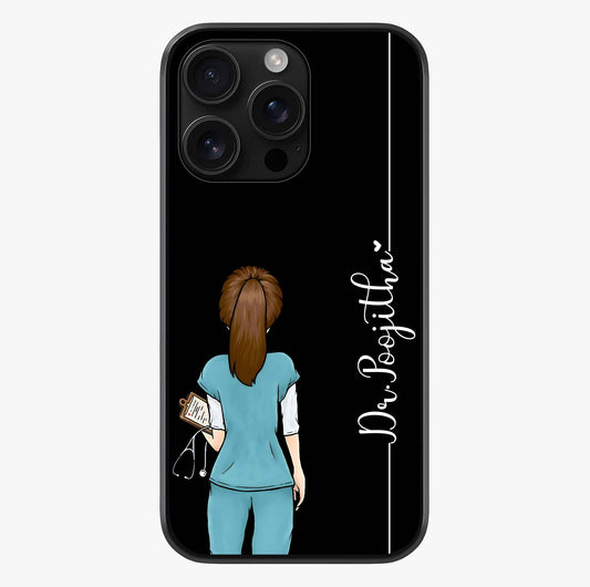 Doctor Pattern Custom Name Glass Case showing full back design in clean flat view with glossy glass finish.