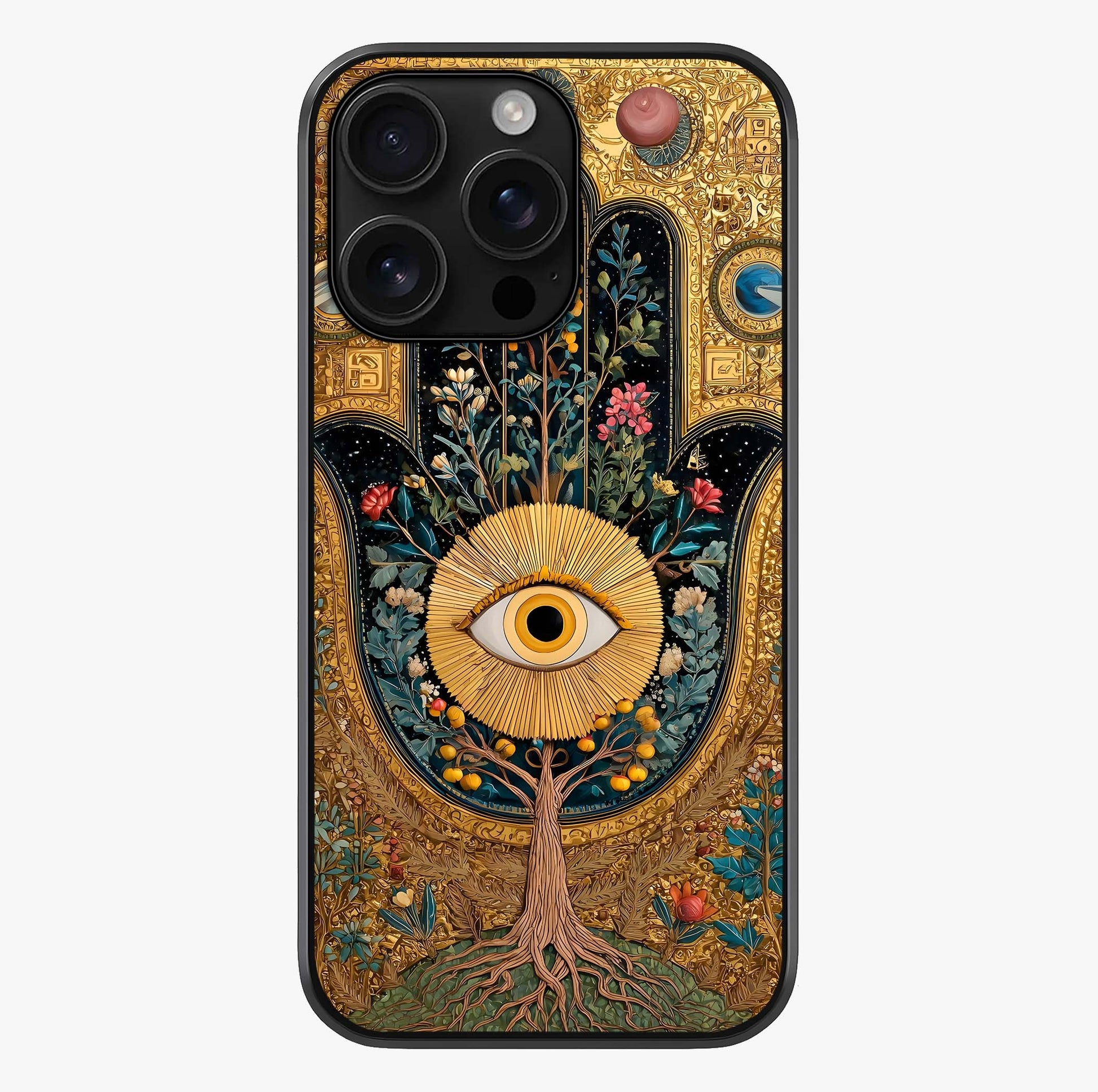 Ethereal Evil Eye Glass Case showing full back design in clean flat view with glossy glass finish.