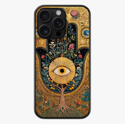 Ethereal Evil Eye Glass Case showing full back design in clean flat view with glossy glass finish.