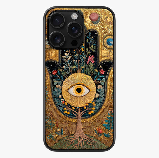 Ethereal Evil Eye Glass Case showing full back design in clean flat view with glossy glass finish.