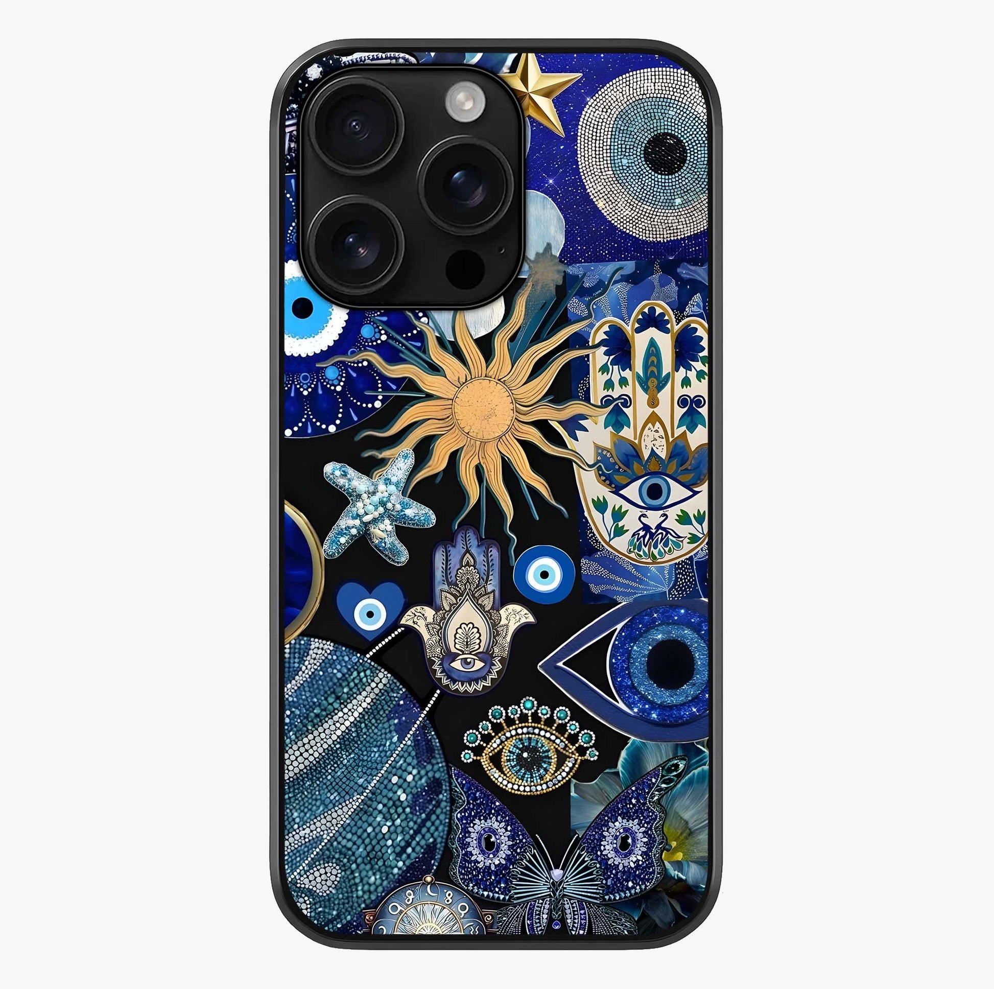 Evil Eye Charm Mix Glass Case showing full back design in clean flat view with glossy glass finish.