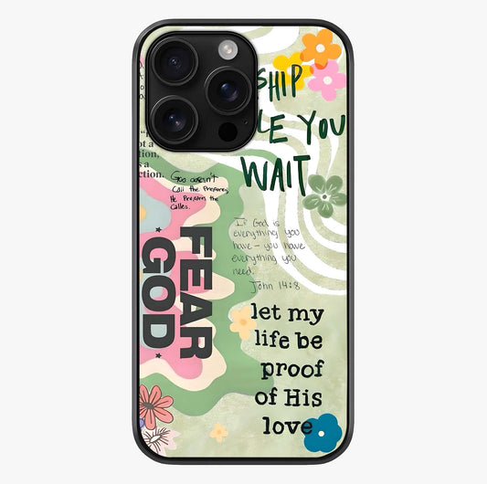 Faith Over Fear Glass Case showing full back design in clean flat view with glossy glass finish.