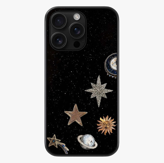 Galactic Charm Glow Glass Case showing full back design in clean flat view with glossy glass finish.