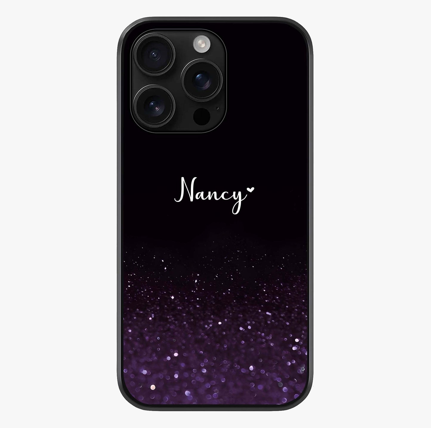 Glittery Purple Bokeh Custom Name Glass Case showing full back design in clean flat view with glossy glass finish.