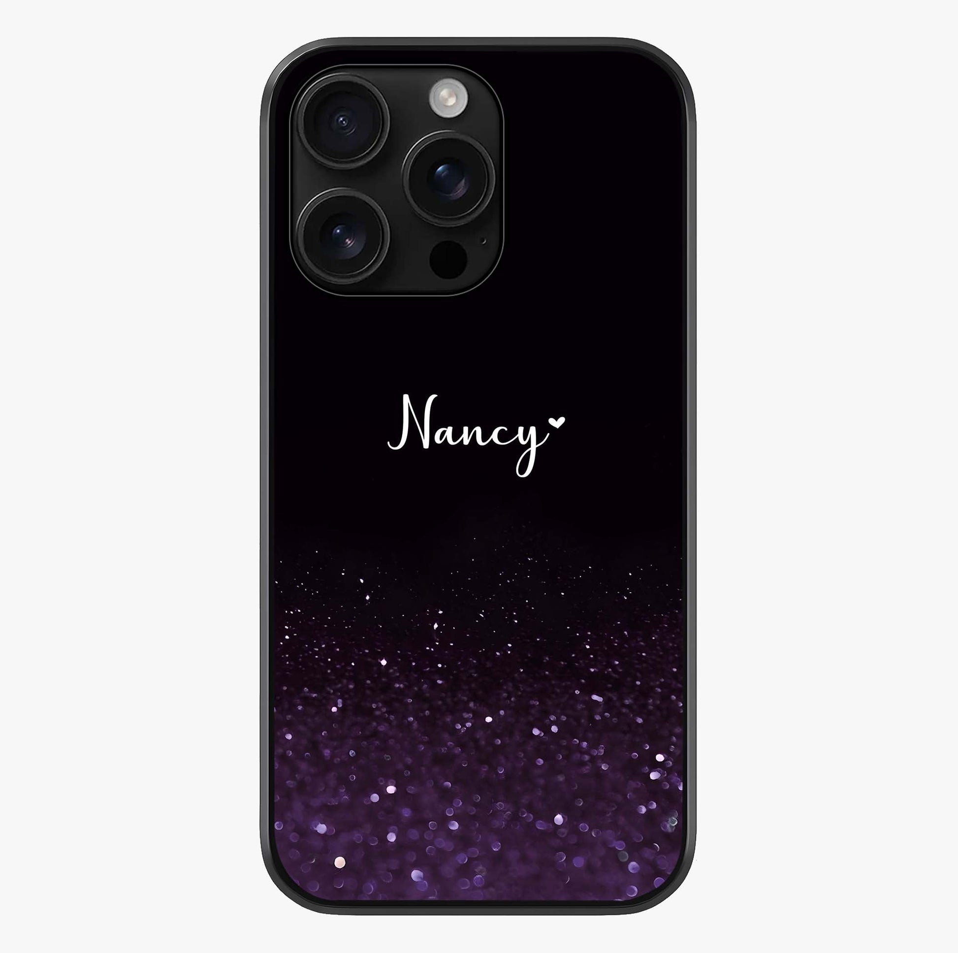 Glittery Purple Bokeh Custom Name Glass Case showing full back design in clean flat view with glossy glass finish.