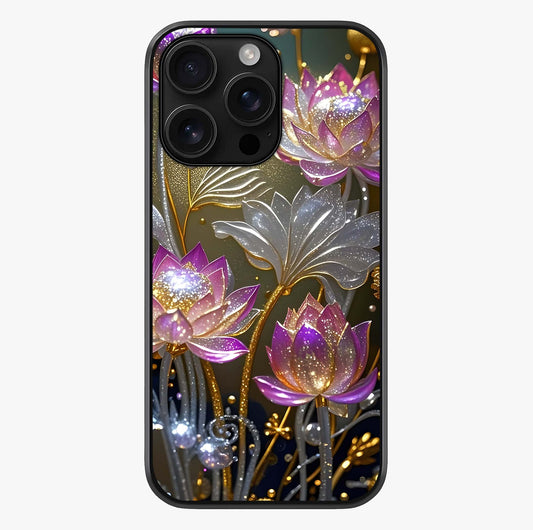Golden Lotus Glow Glass Case showing full back design in clean flat view with glossy glass finish.