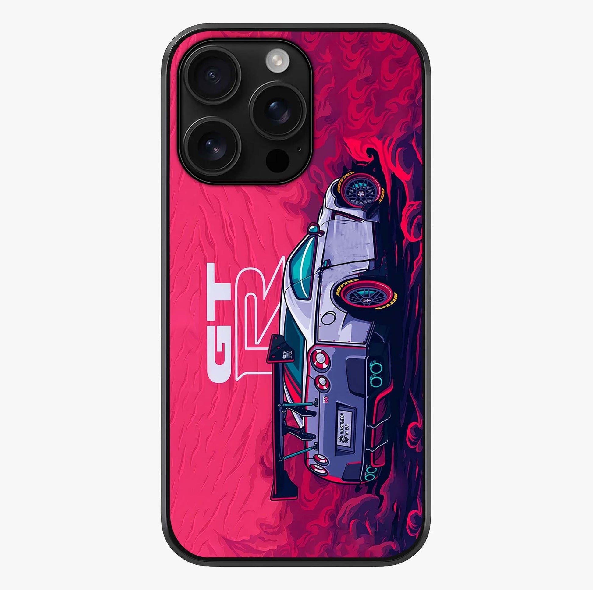 GT R Car Pattern Glass Case showing full back design in clean flat view with glossy glass finish.