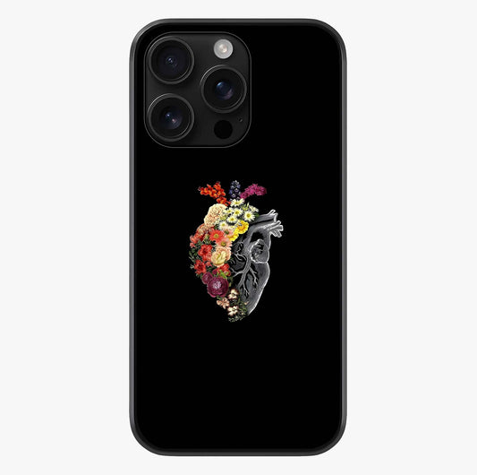 Heart With Flowers Glass Case showing full back design in clean flat view with glossy glass finish.