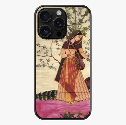 Lady With Veena Art Glass Case showing full back design in clean flat view with glossy glass finish.