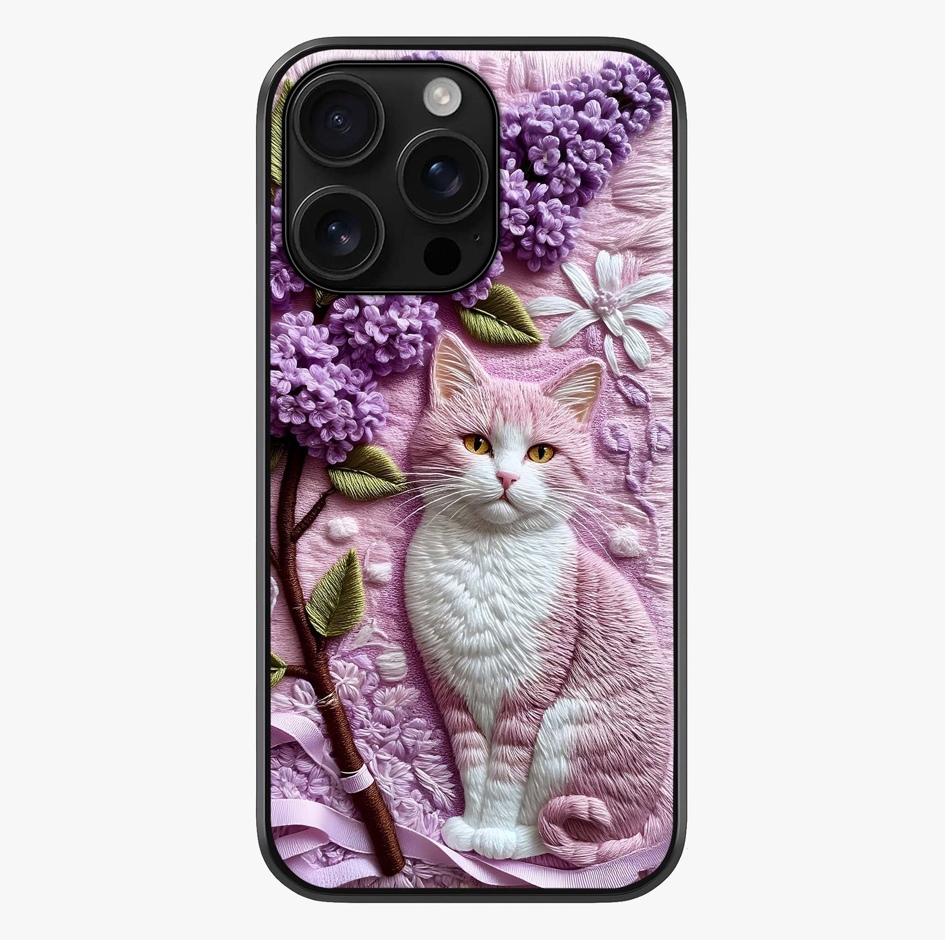 Lavender Cat Whimsy Glass Case showing full back design in clean flat view with glossy glass finish.