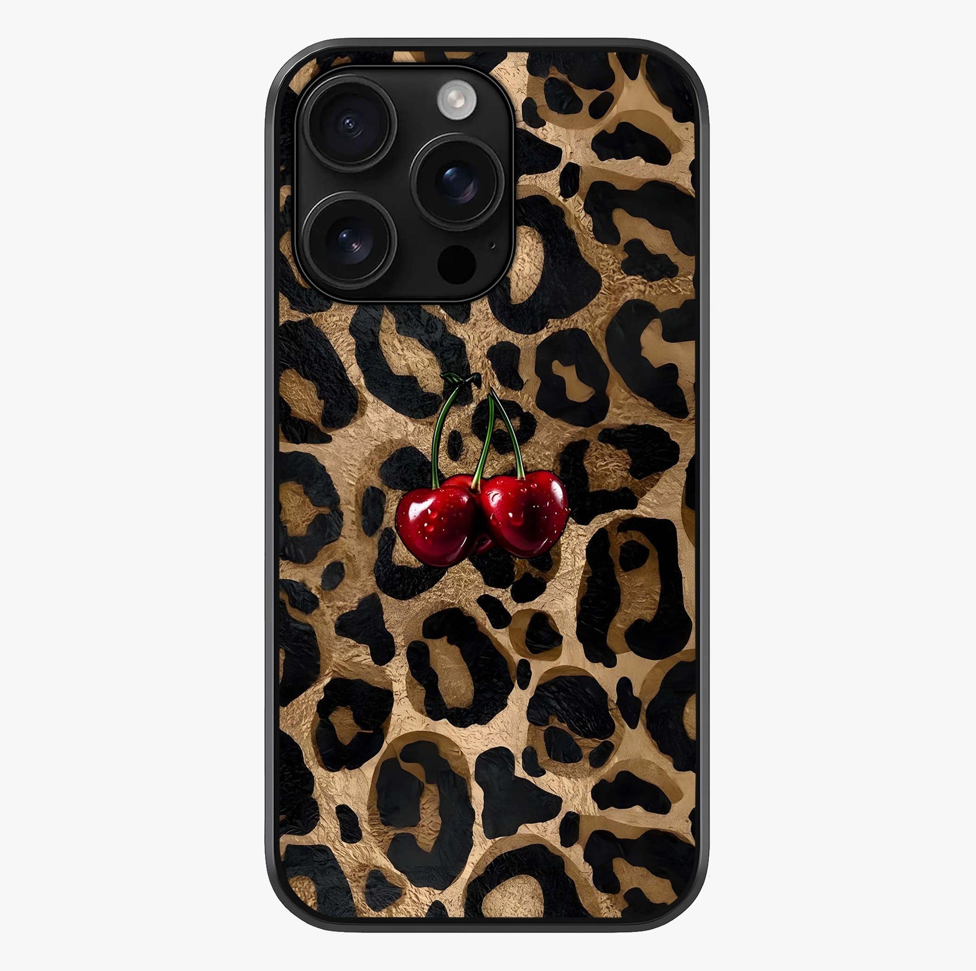 Leopard Wild Cherry Glass Case showing full back design in clean flat view with glossy glass finish.