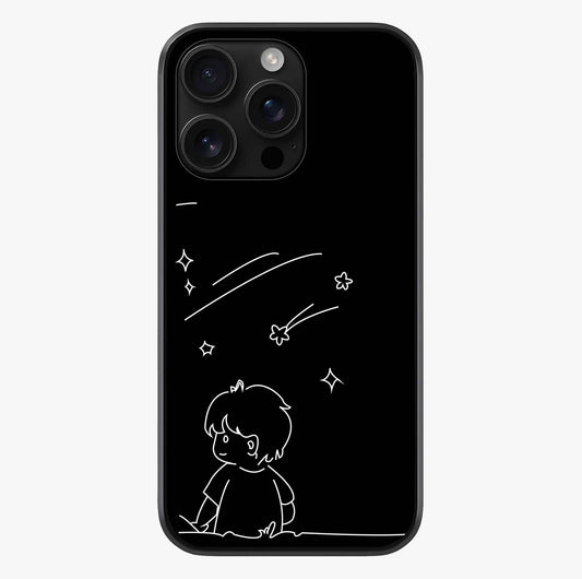 Line Art Boy With Shooting Stars Glass Case showing full back design in clean flat view with glossy glass finish.